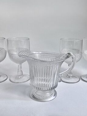 Circa 1900 EAPG 4 Stemmed Glasses + Pitcher,